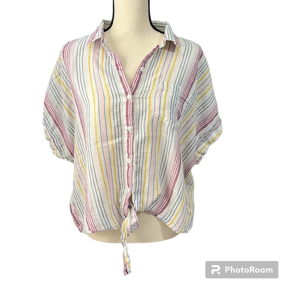 Beach Lunch Lounge | Women's Multi Striped Boxy Linen Cotton Blend Blouse Sz L